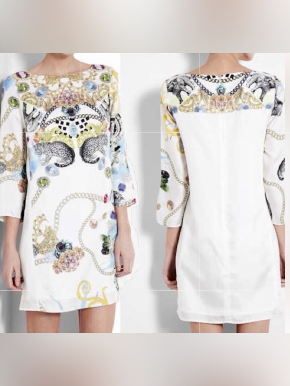 Tibi White 100% Silk Scarf Animal & Jewel Print Luxury Designer Shift Dress Sz 2